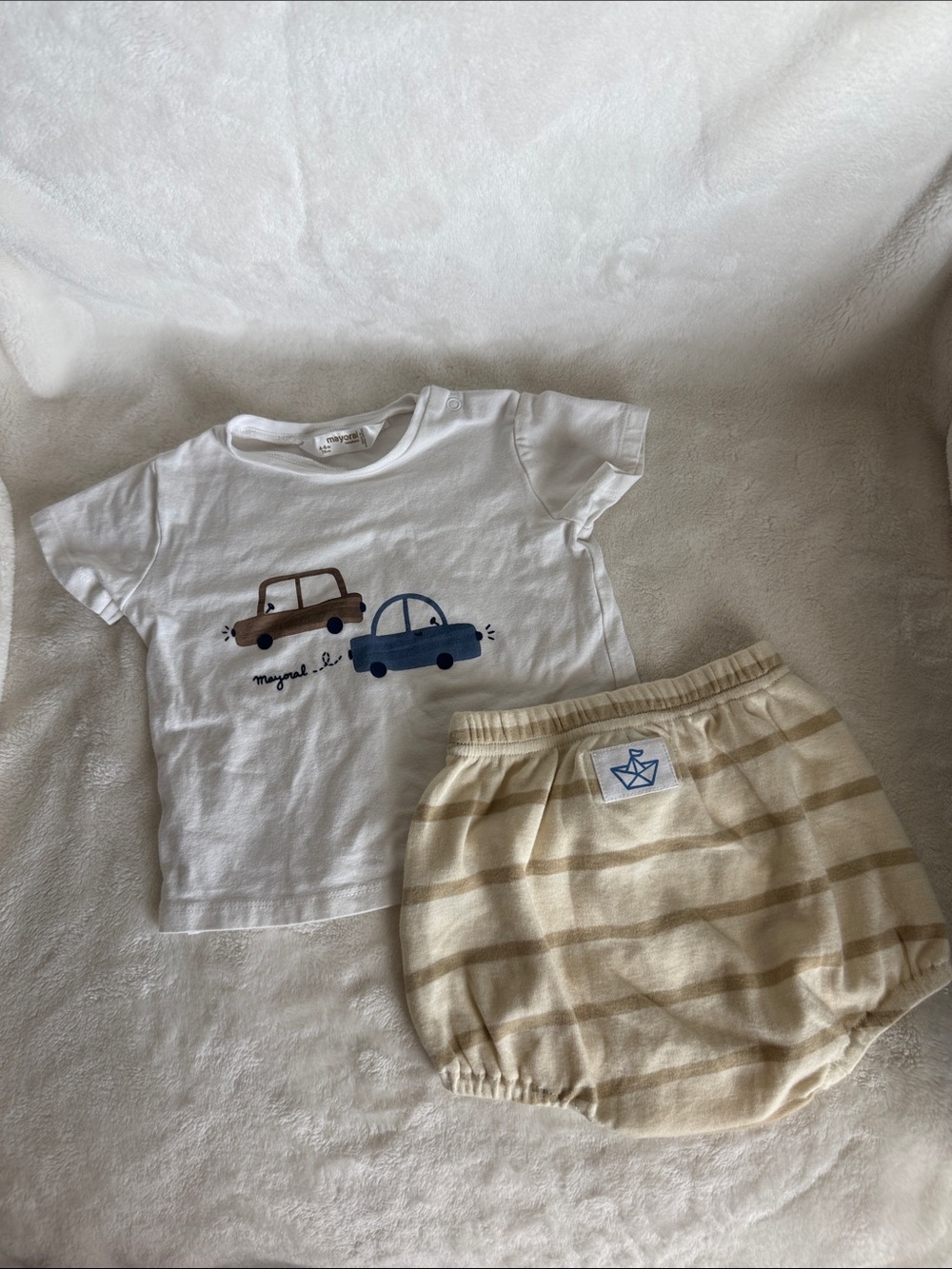 Mayoral White Tee with Car Motif & Little Paper Boat Cream Striped Bloomers